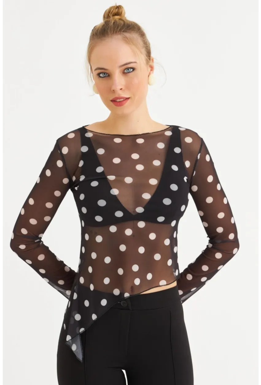 Kadın Siyah-Ekru Puantiyeli Tül Bluz RSP1740
