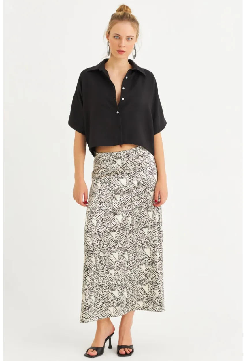 Kadın Siyah-Ekru Saten Midi Etek FİR1970