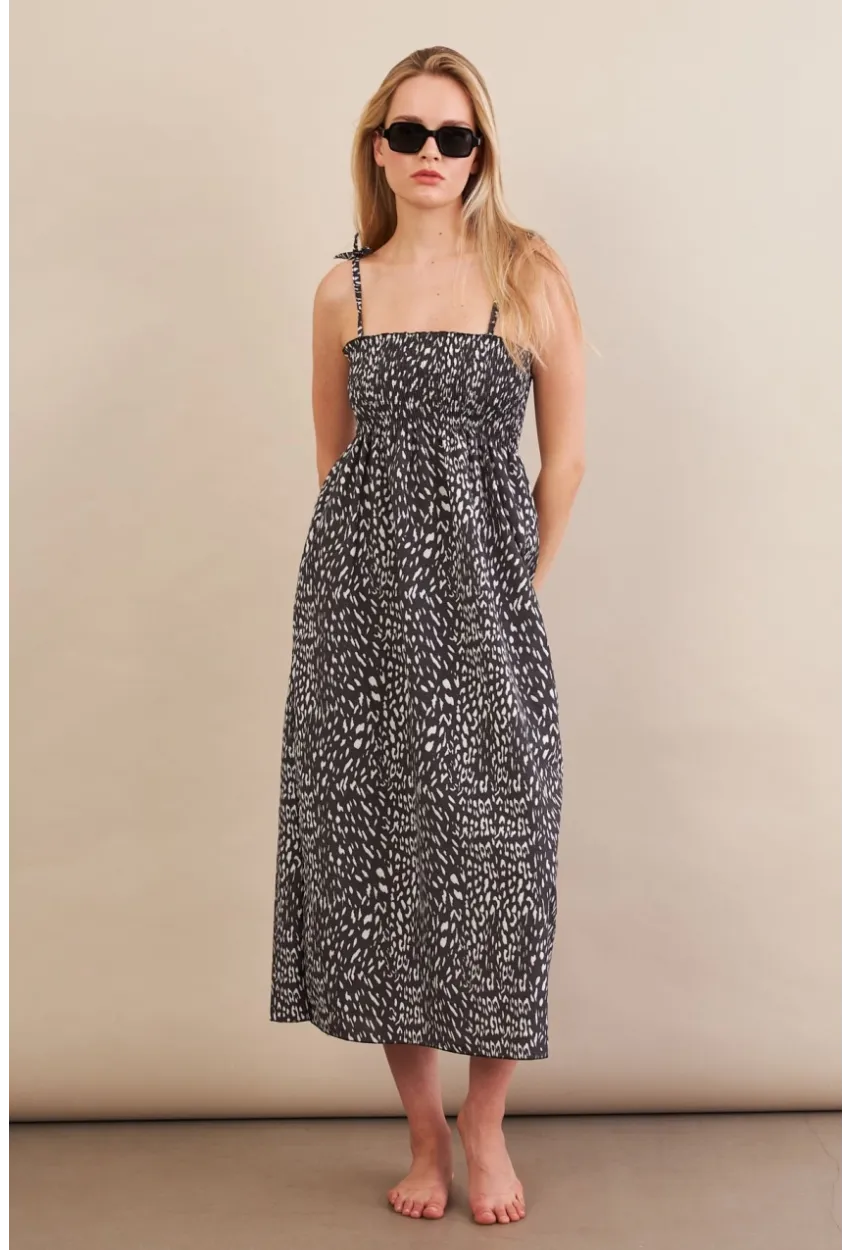 Kadın Siyah-ekru Straplez Çizgili Plaj Elbisesi