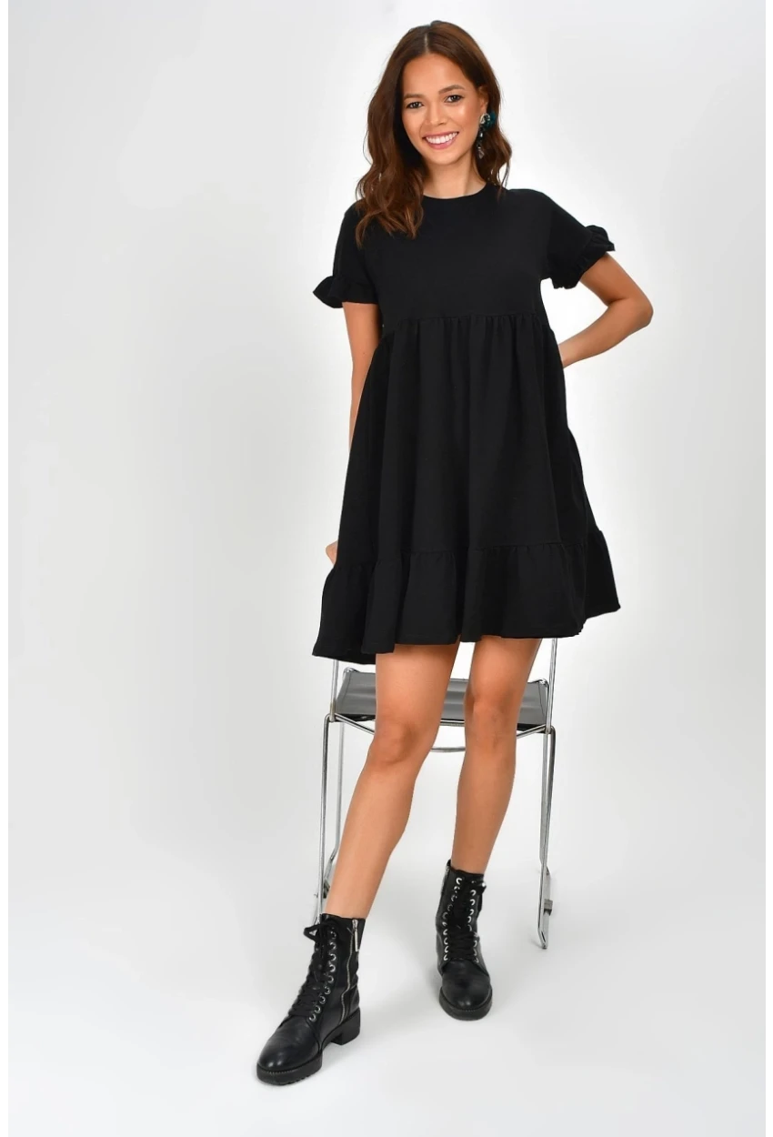 Kadın Siyah Eteği Volanlı Bisiklet Yaka Elbise B85