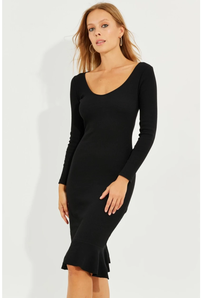 Kadın Siyah Eteği Volanlı Kaşkorse Midi Elbise Yİ2490