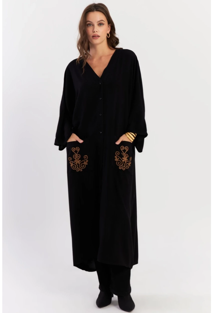 Kadın Siyah Etnik Desenli Maxi Dokuma Elbise ALO318