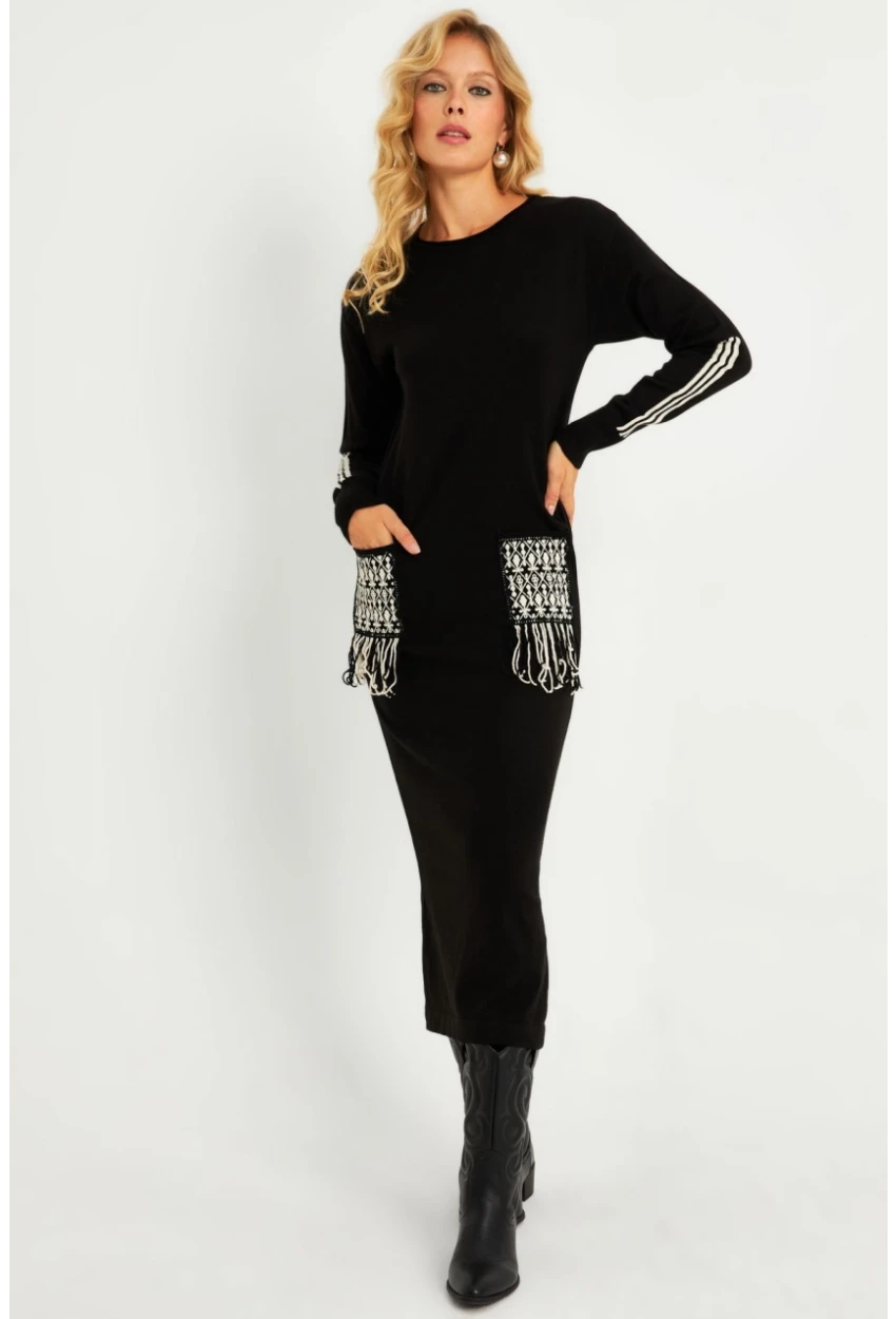 Kadın Siyah Etnik Triko Midi Elbise RH03