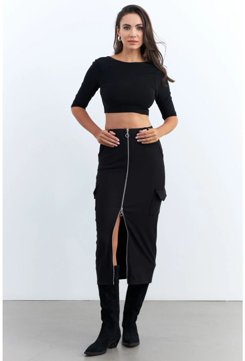 Kadın Siyah Fermuarlı Cepli Midi Etek ELT3999