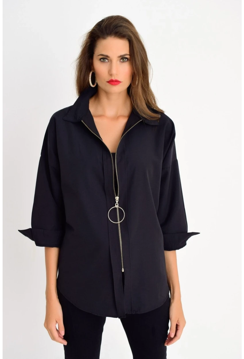 Kadın Siyah Fermuarlı Gömlek DY25580