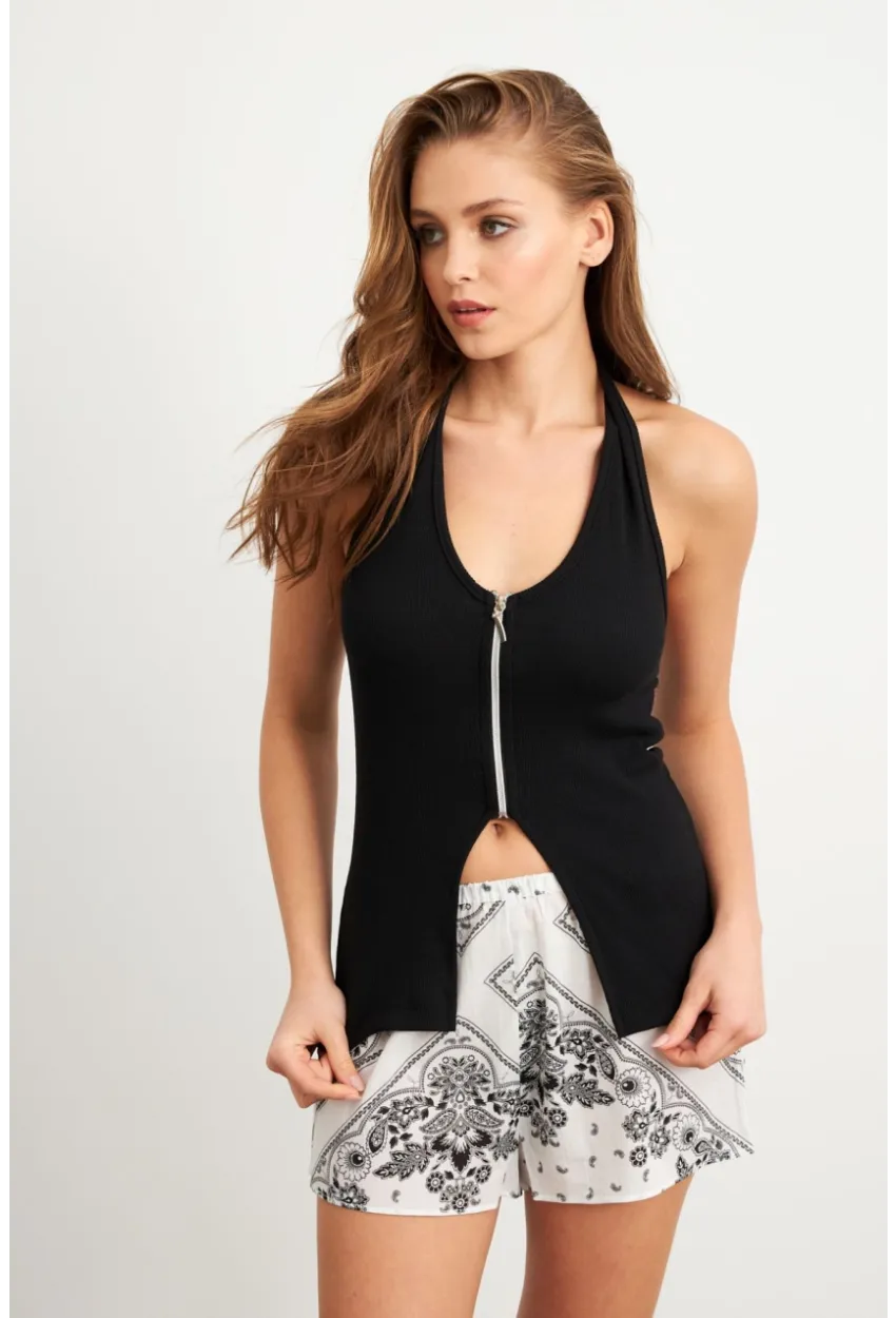 Kadın Siyah Fermuarlı Kaşkorse Bluz EY3097