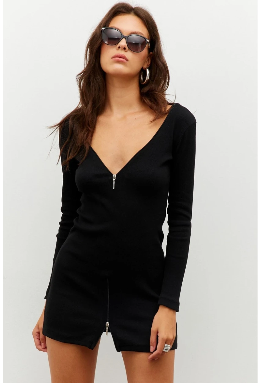 Kadın Siyah Fermuarlı Kaşkorse Mini Elbise EY2530