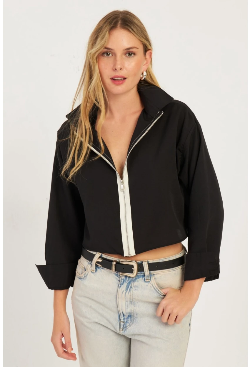 Kadın Siyah Fermuarlı Kısa Gömlek SF2541