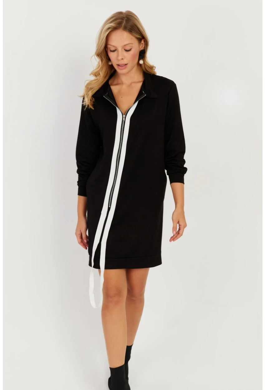 Kadın Siyah Fermuarlı Midi Elbise ST5025