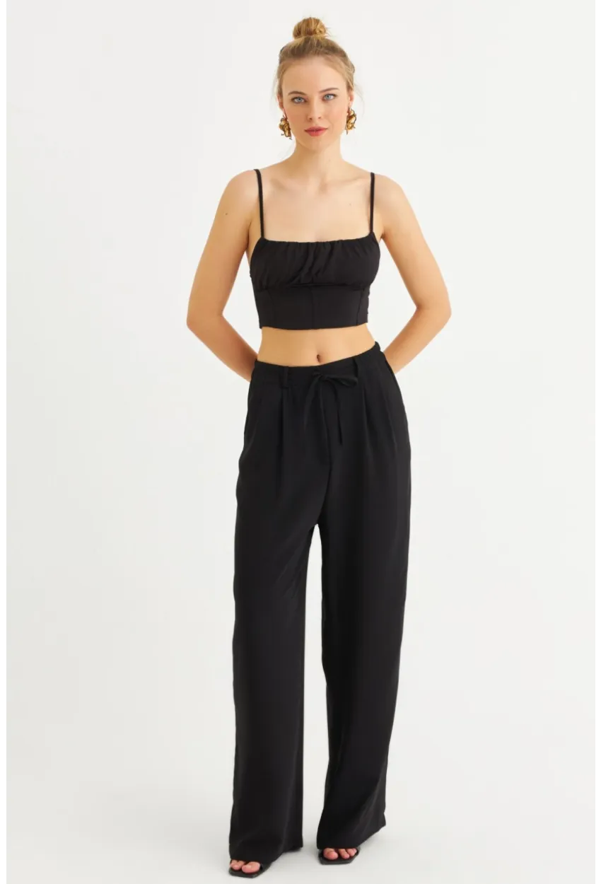 Kadın Siyah Fermuarlı Palazzo Pantolon MON143