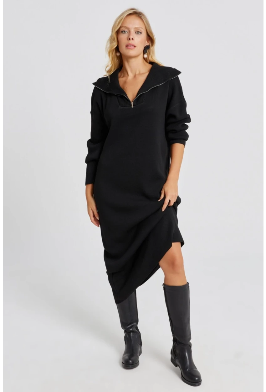 Kadın Siyah Fermuarlı Triko Maxi Elbise SF2525