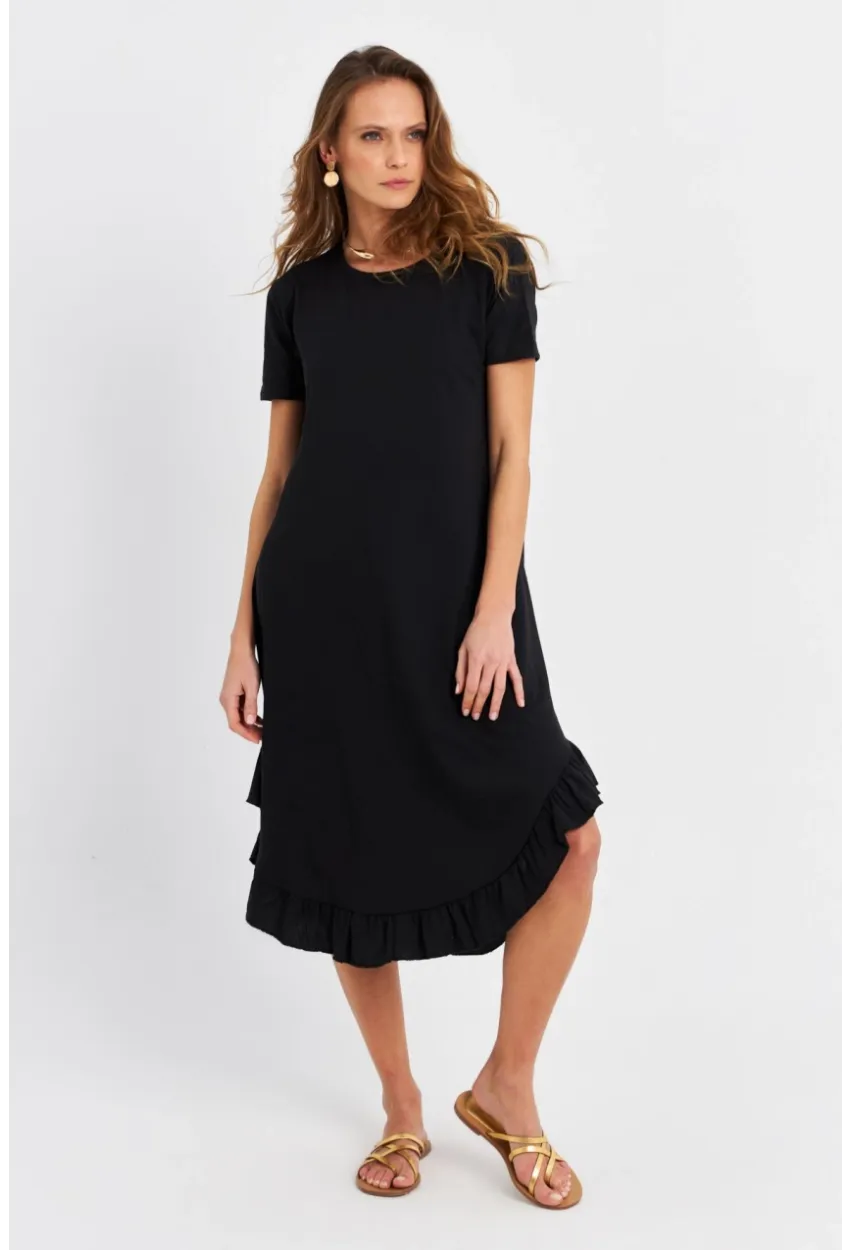 Kadın Siyah Fırfırlı Basic Elbise MALB5005