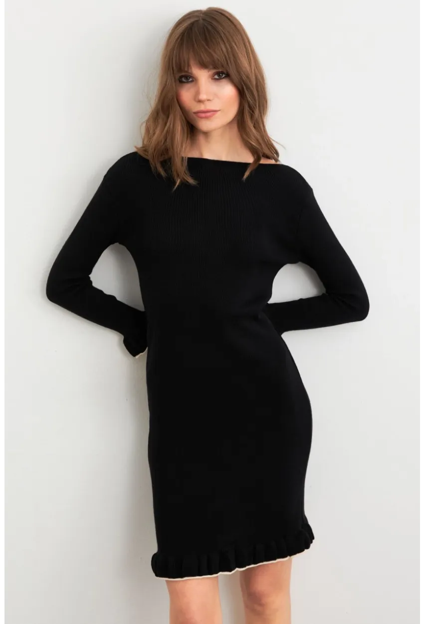 Kadın Siyah Fırfırlı Basic Triko Midi Elbise SF2559