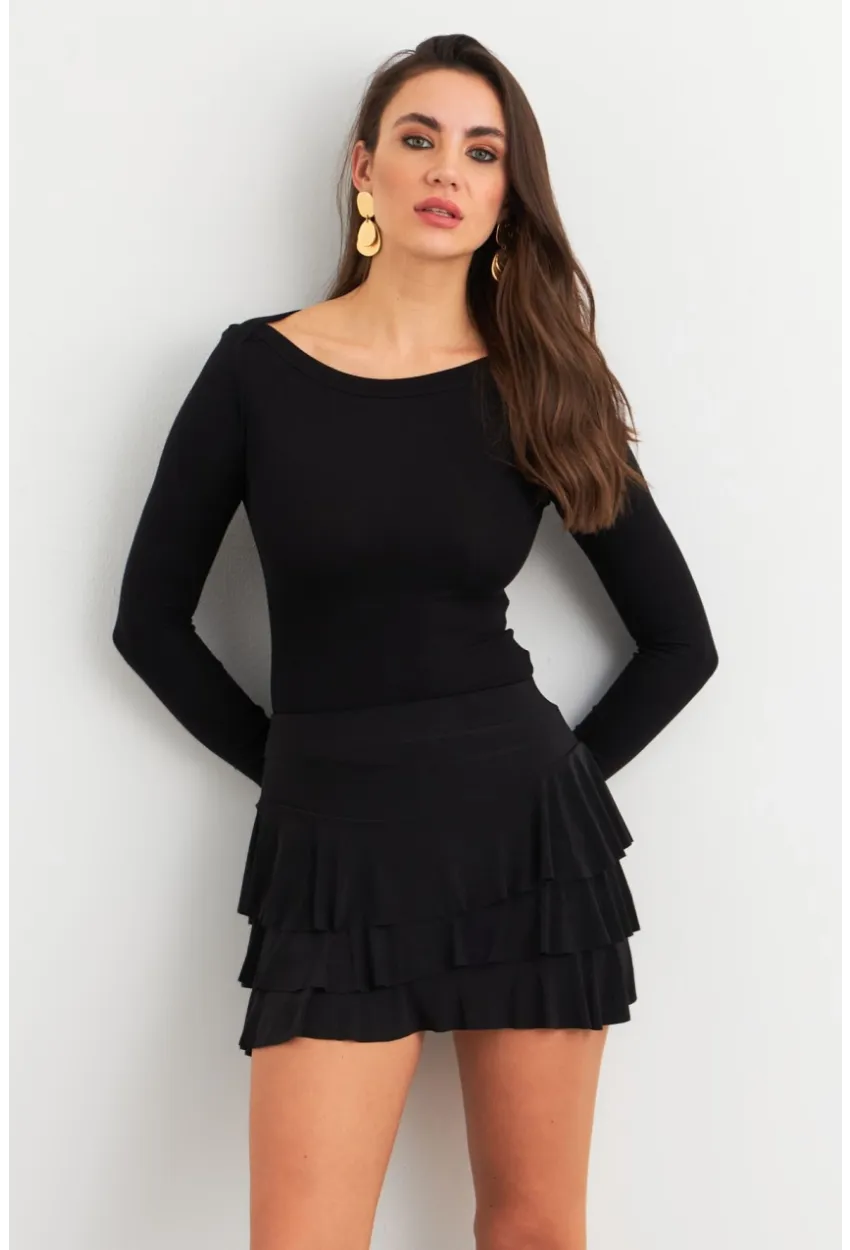 Kadın Siyah Fırfırlı Şort Etek ELT3915