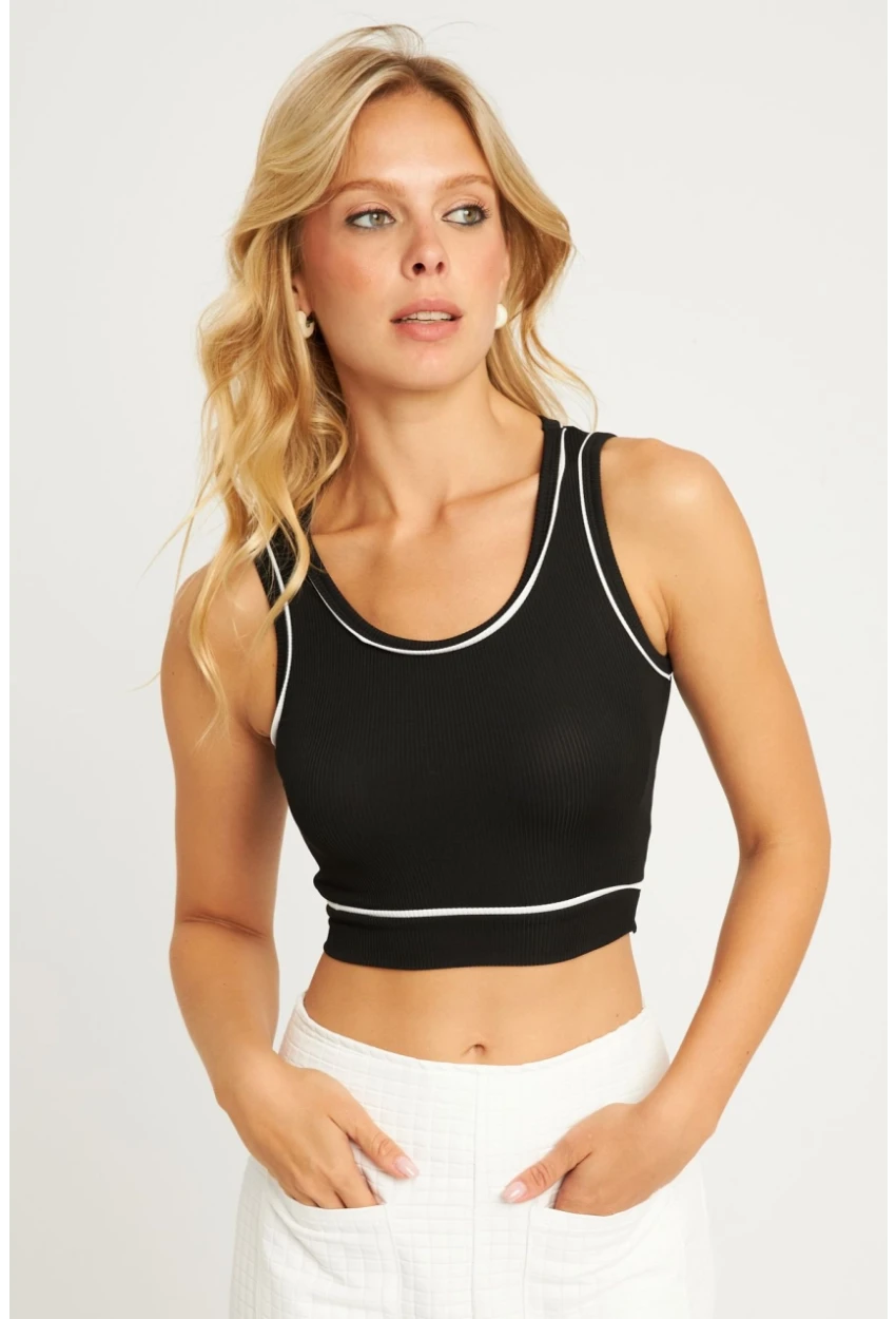 Kadın Siyah Fitilli Crop Bluz CG359