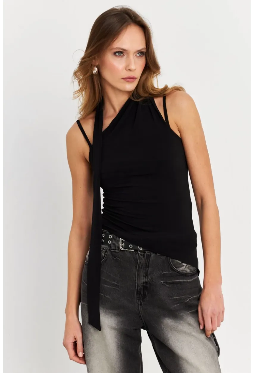 Kadın Siyah Fularlı Asimetrik Bluz HOR0079