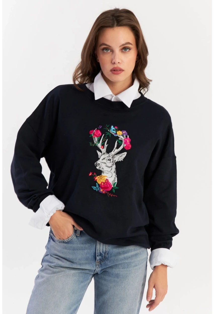 Kadın Siyah-Fuşya Nakışlı Sweatshirt YLE20