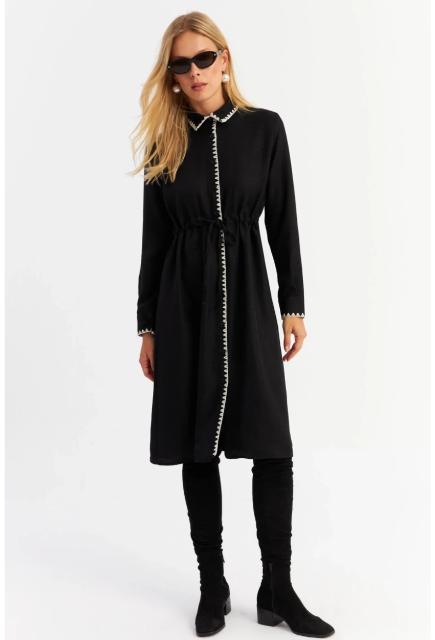 Kadın Siyah Garnili Gömlek Midi Elbise MASF10