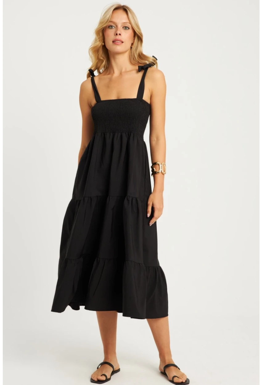 Kadın Siyah Gipeli Volanlı Midi Elbise SGT407