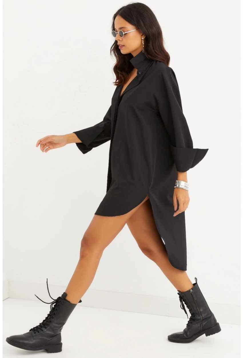 Kadın Siyah Gizli Düğmeli Tunik Gömlek Elbise SF1292
