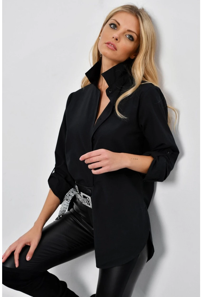 Kadın Siyah Gizli Düğmeli Uzun Gömlek SF2001