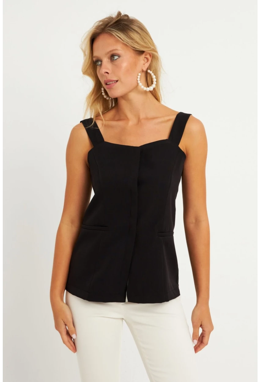 Kadın Siyah Gizli Düğmeli Yelek TW60236