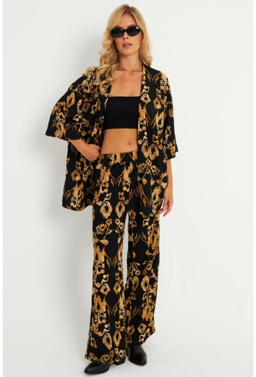 Kadın Siyah-Gold Desenli Bürümcük Alt Üst  Takım LON3004