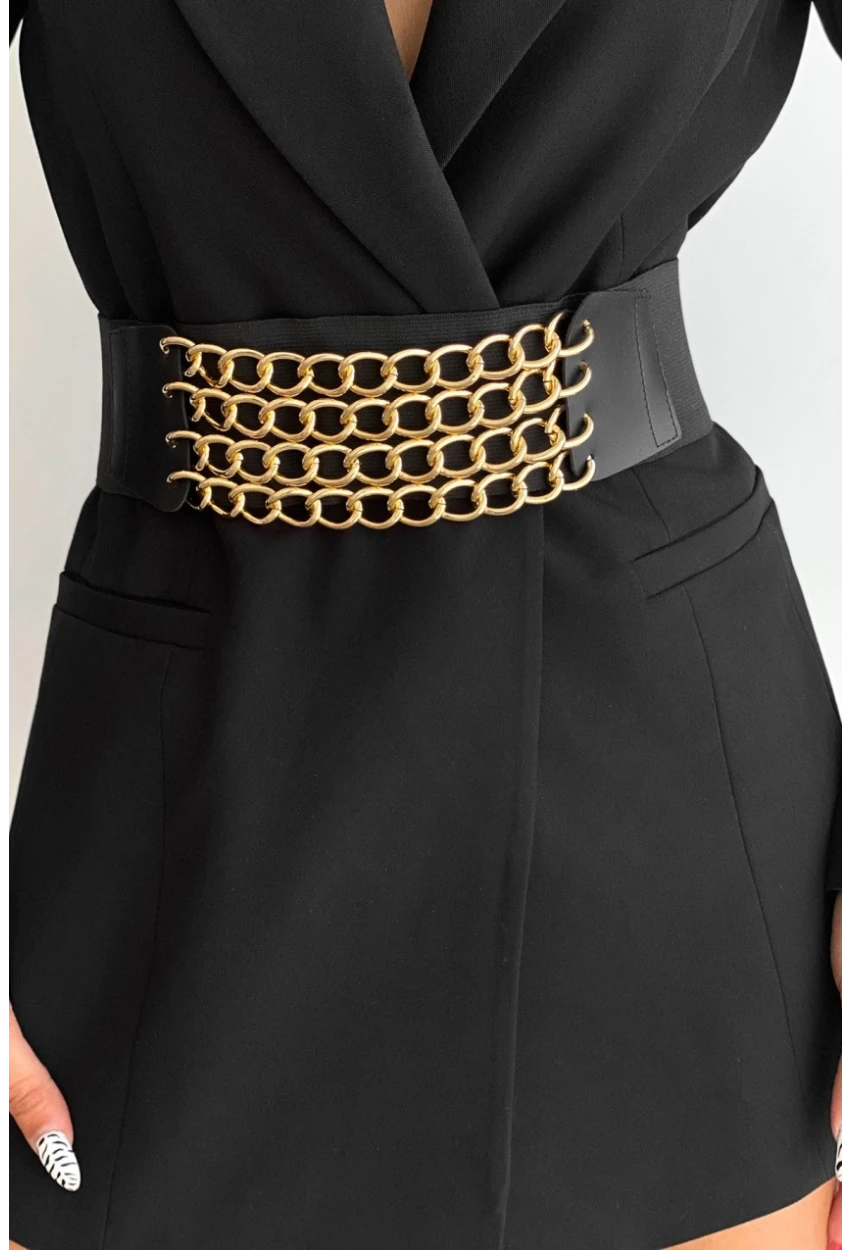 Kadın Siyah-Gold Dört Zincirli Lastikli Kemer BE648