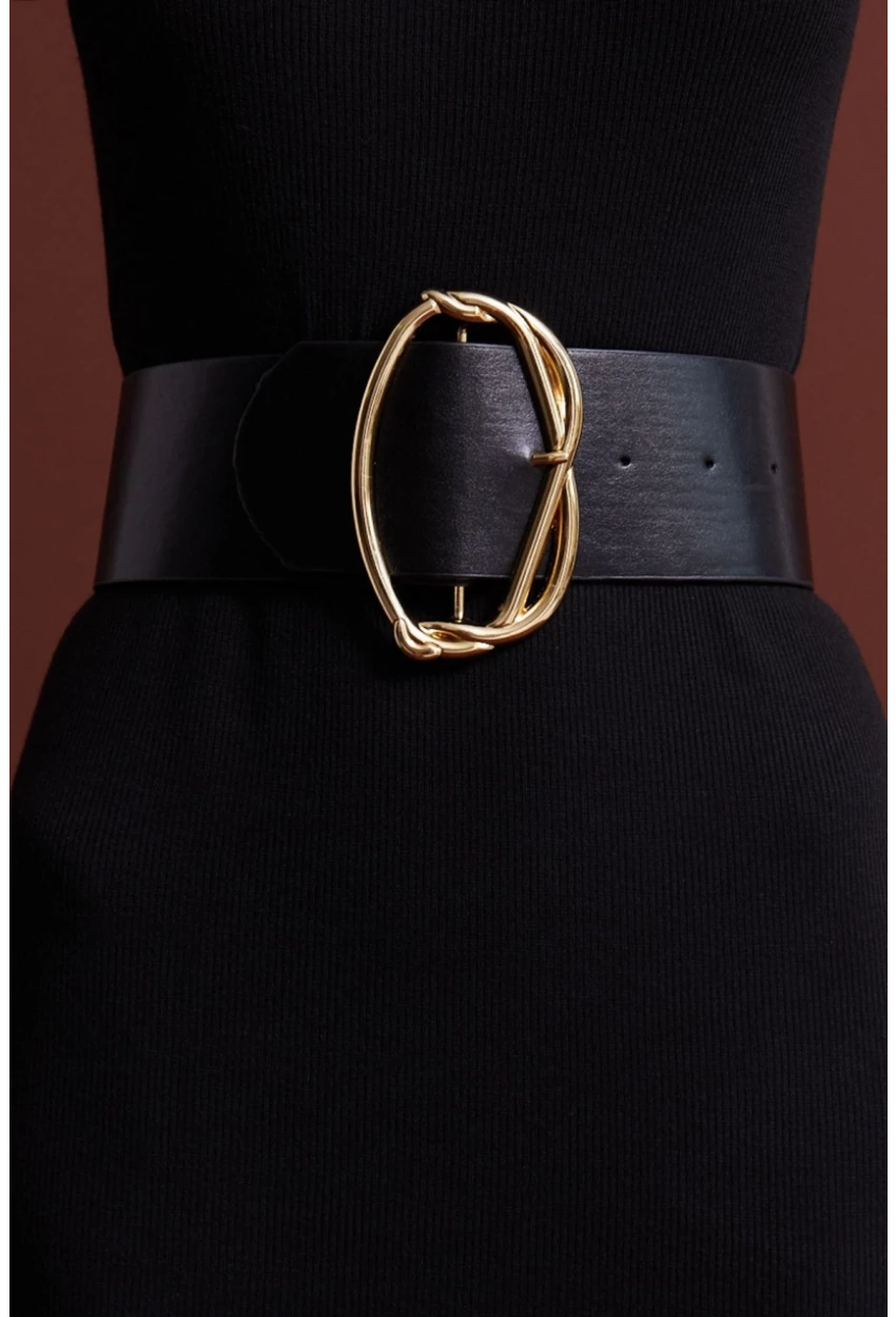 Kadın Siyah-Gold Oval Tokalı Kemer BE443