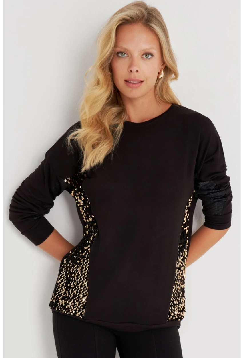Kadın Siyah-Gold Payetli Uzun Bluz ST3124