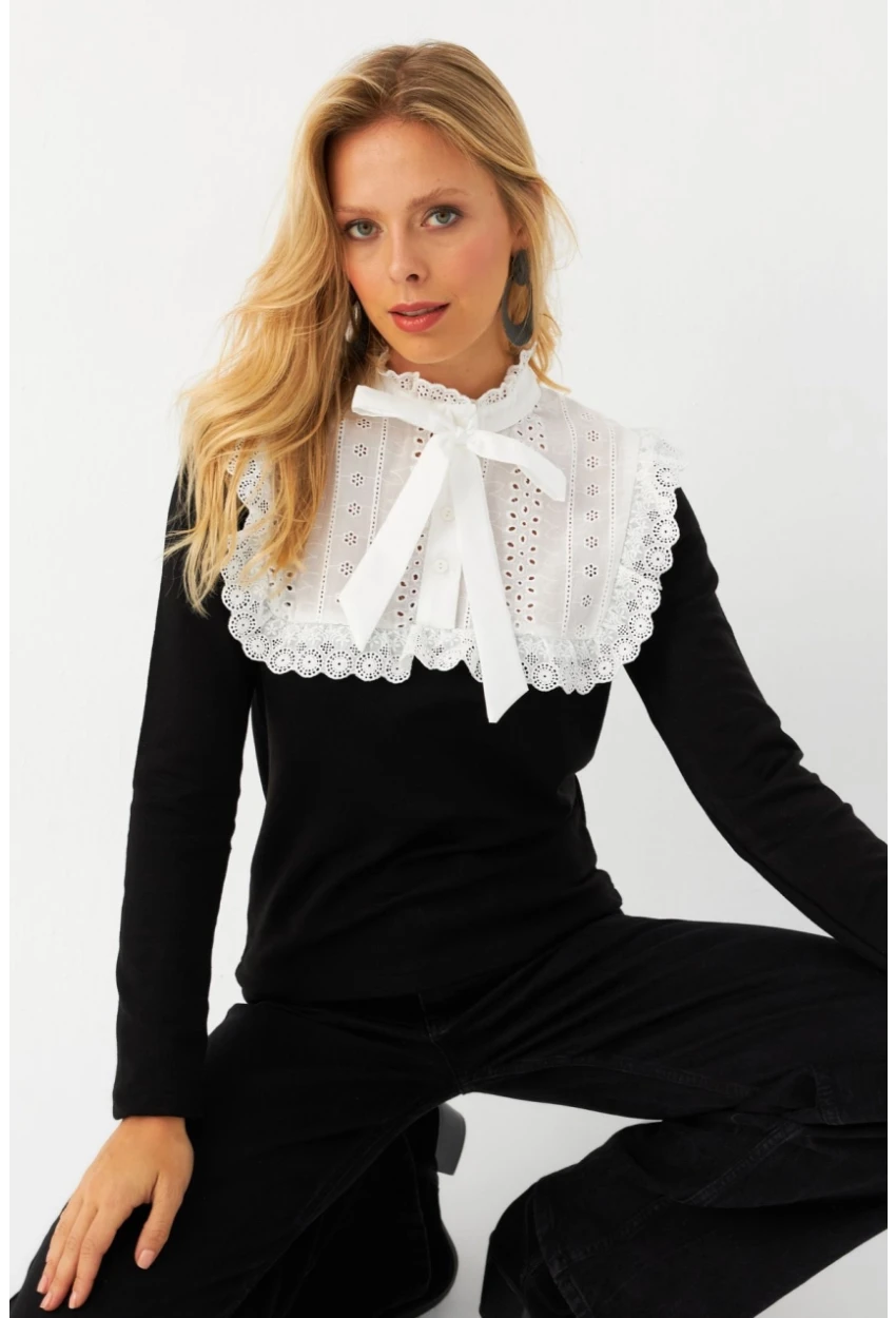 Kadın Siyah Gömlek Bloklu Triko Bluz MQS2117