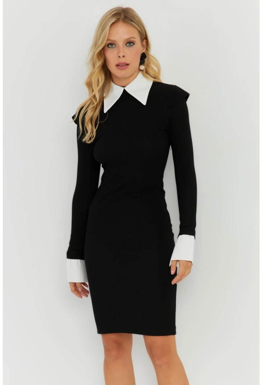 Kadın Siyah Gömlek Detaylı Midi Elbise RMZ21238