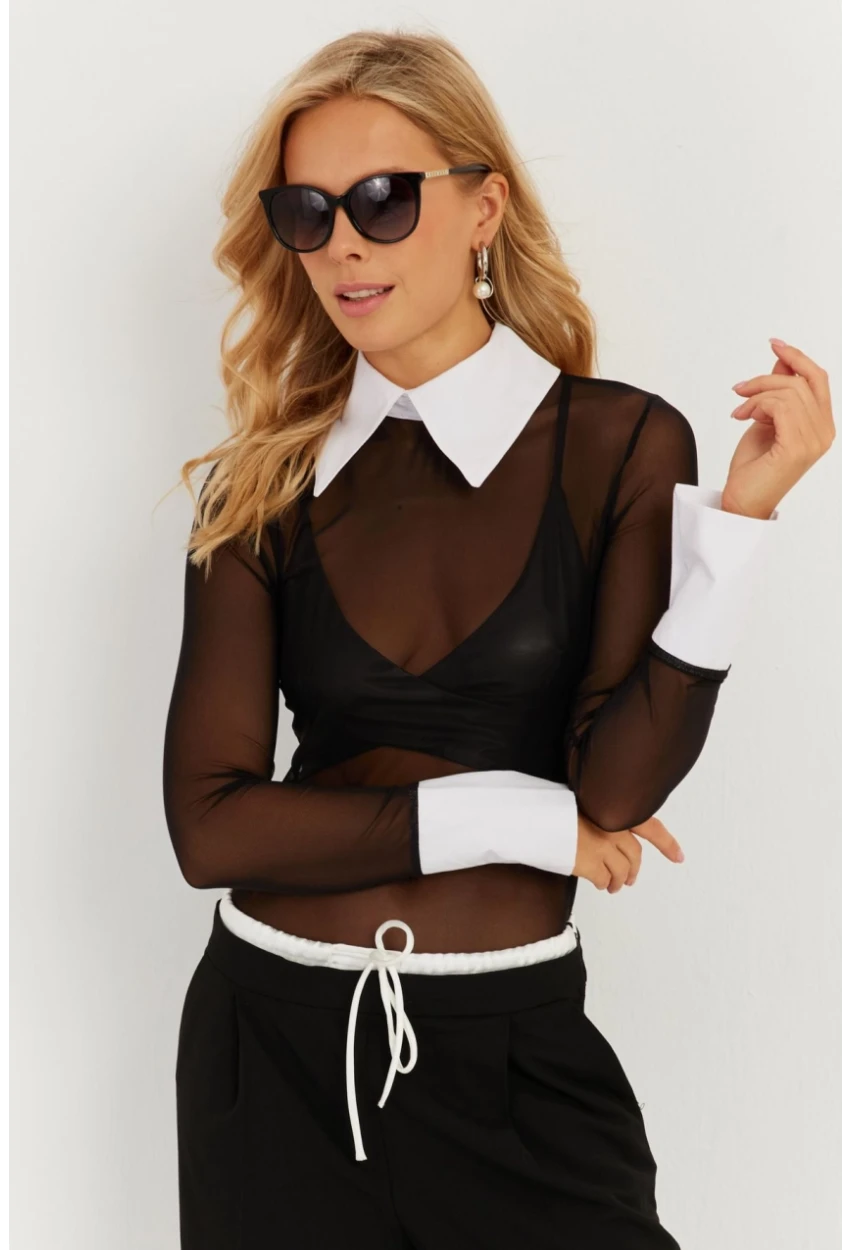 Kadın Siyah Gömlek Yaka Tül Bluz MEN2033