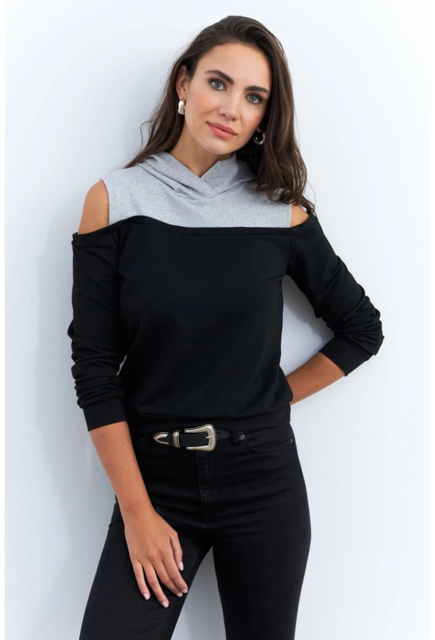 Kadın Siyah-Gri Omuzları Açık Sweatshirt TF15