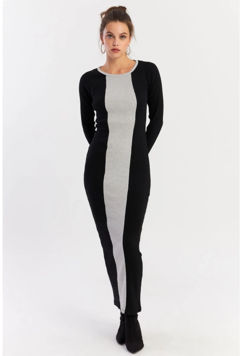 Kadın Siyah-Grı Renk Bloklu Kaşkorse Maxi Elbise XL403