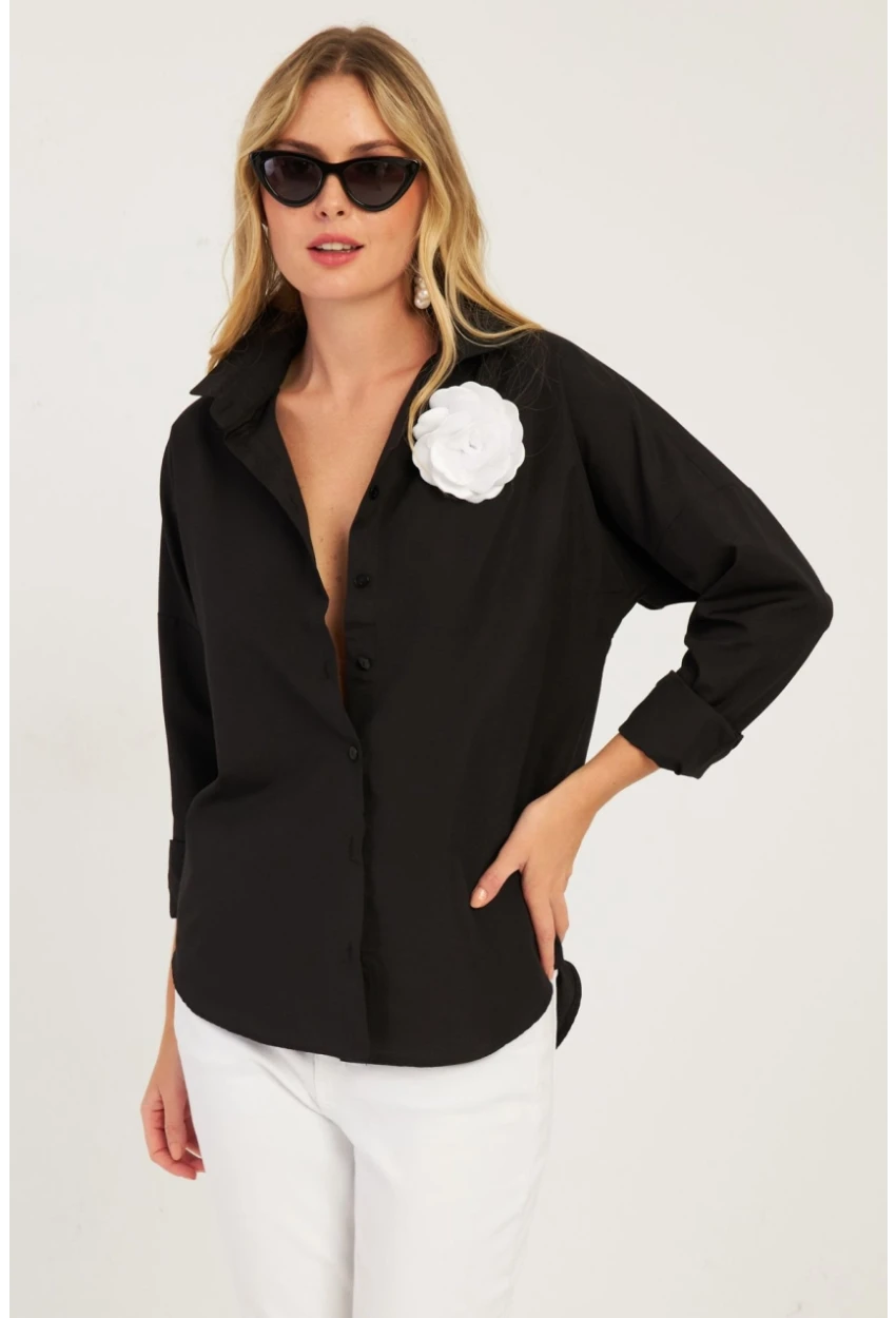 Kadın Siyah Gül Aksesuarlı Gömlek SF2540