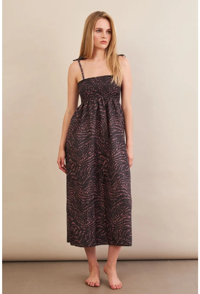 Kadın Siyah-Gülkurusu Straplez Çizgili Plaj Elbisesi OR502