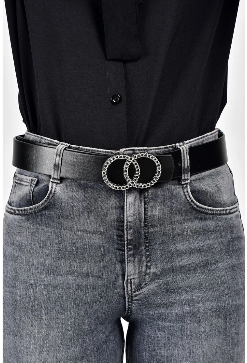 Kadın Siyah-Gümüş Çift Tokalı Kemer BE347