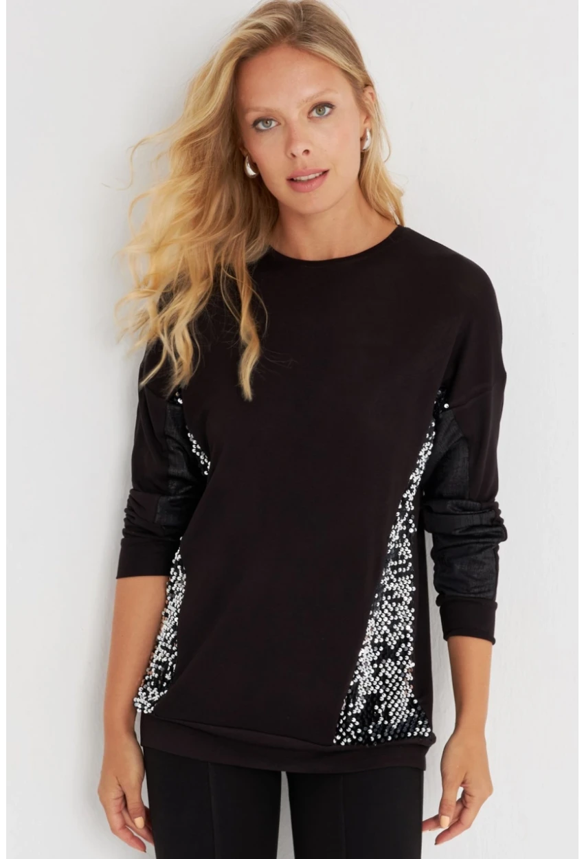 Kadın Siyah-Gümüş Payetli Uzun Bluz ST3124