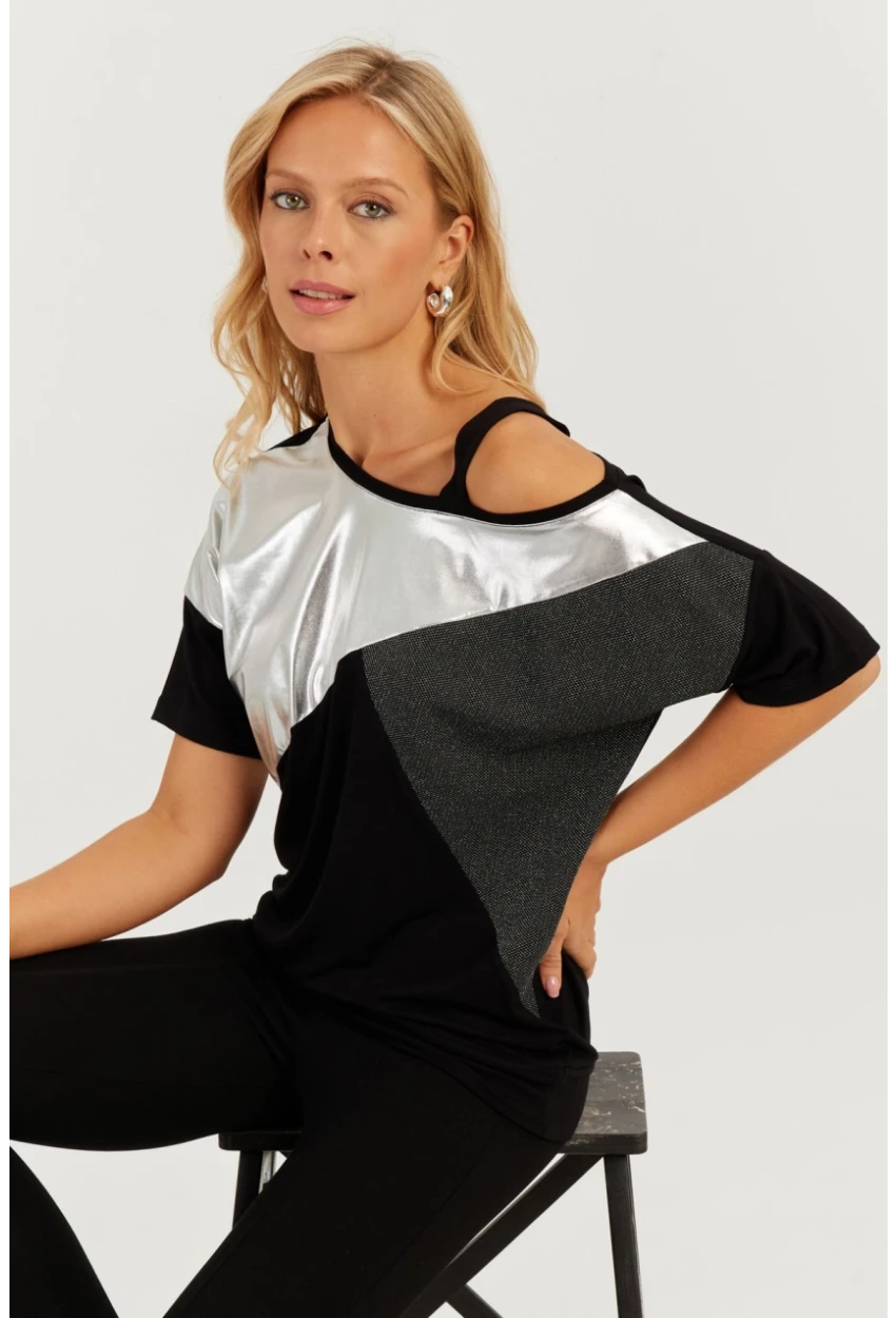 Kadın Siyah-Gümüş Suni Deri Bloklu Bluz ST834