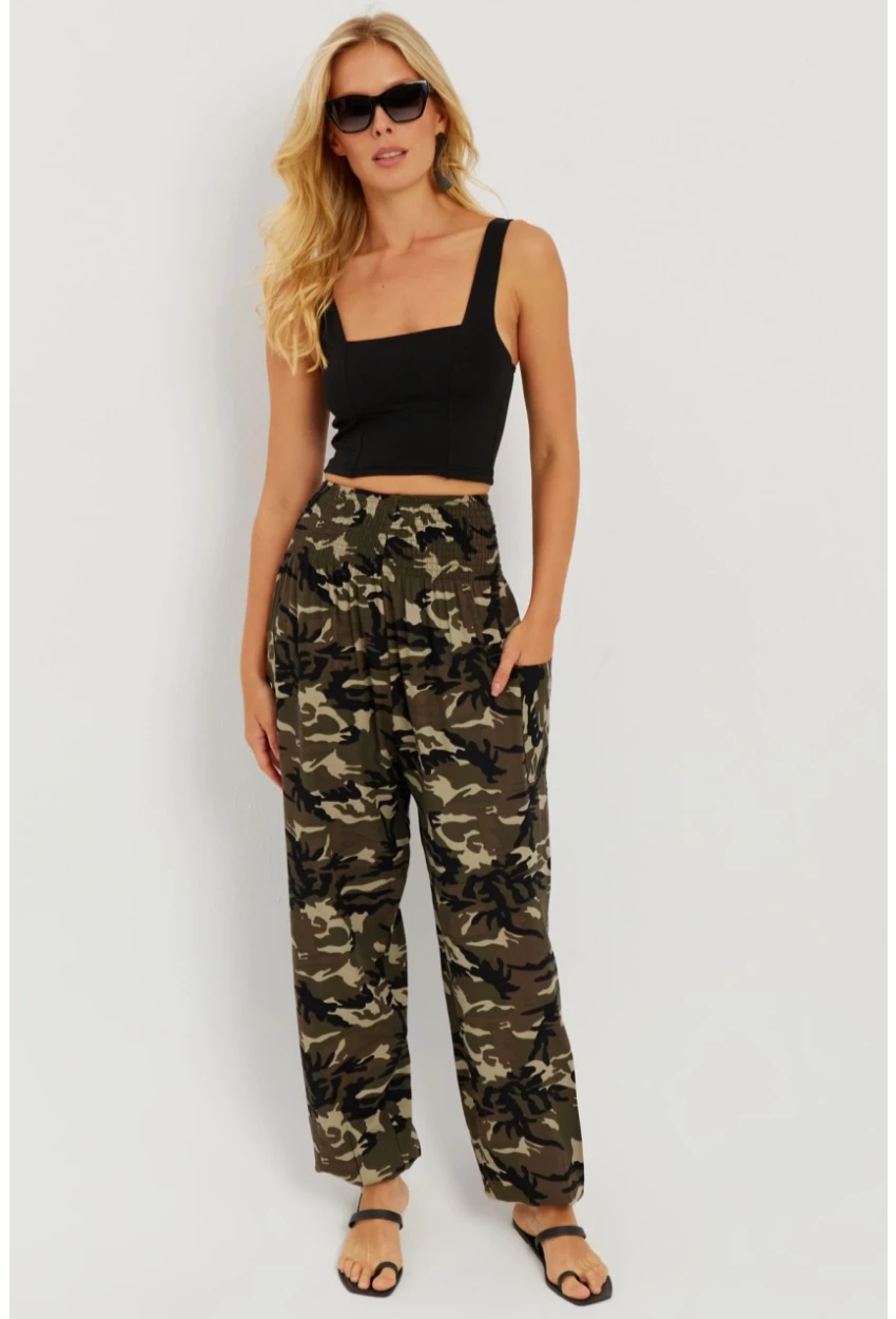 Kadın Siyah-Haki Beli Gipeli Şalvar Pantolon ÖM404