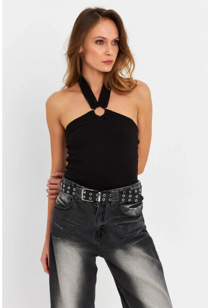 Kadın Siyah Halkalı Crop Bluz B2634-90