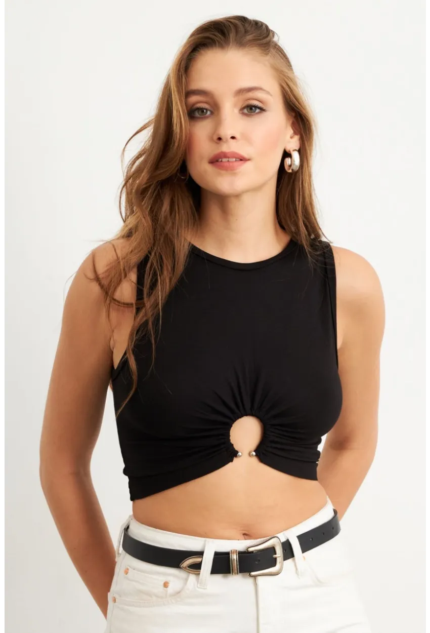 Kadın Siyah Halkalı Crop Bluz EY3094