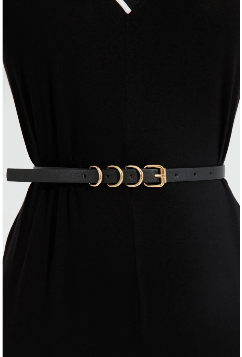 Kadın Siyah Halkalı Kare Tokalı Kemer BE687