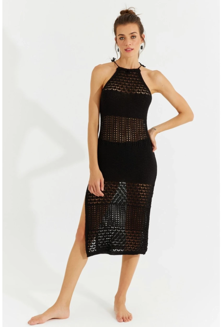 Kadın Siyah Halter Yaka Ajurlu Midi Elbise SF2506