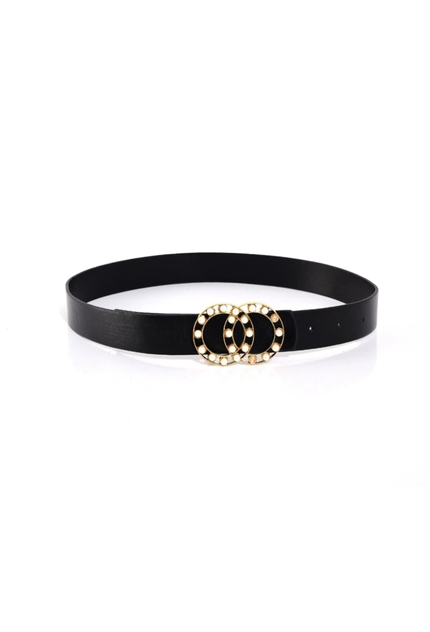 Kadın Siyah İkili Tokalı İncili Kemer BE418