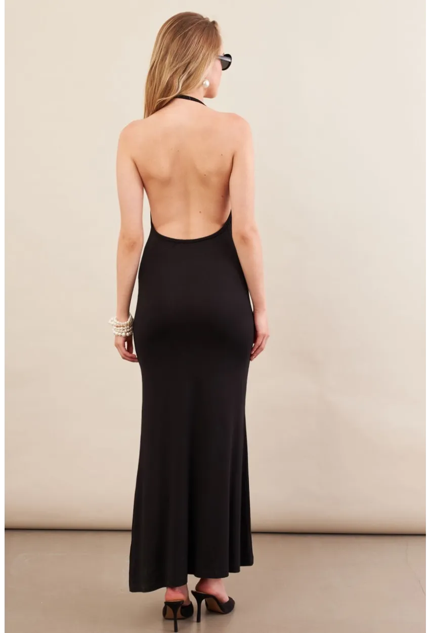 Kadın Siyah İnci Aksesuarlı Maxi Elbise EY3105