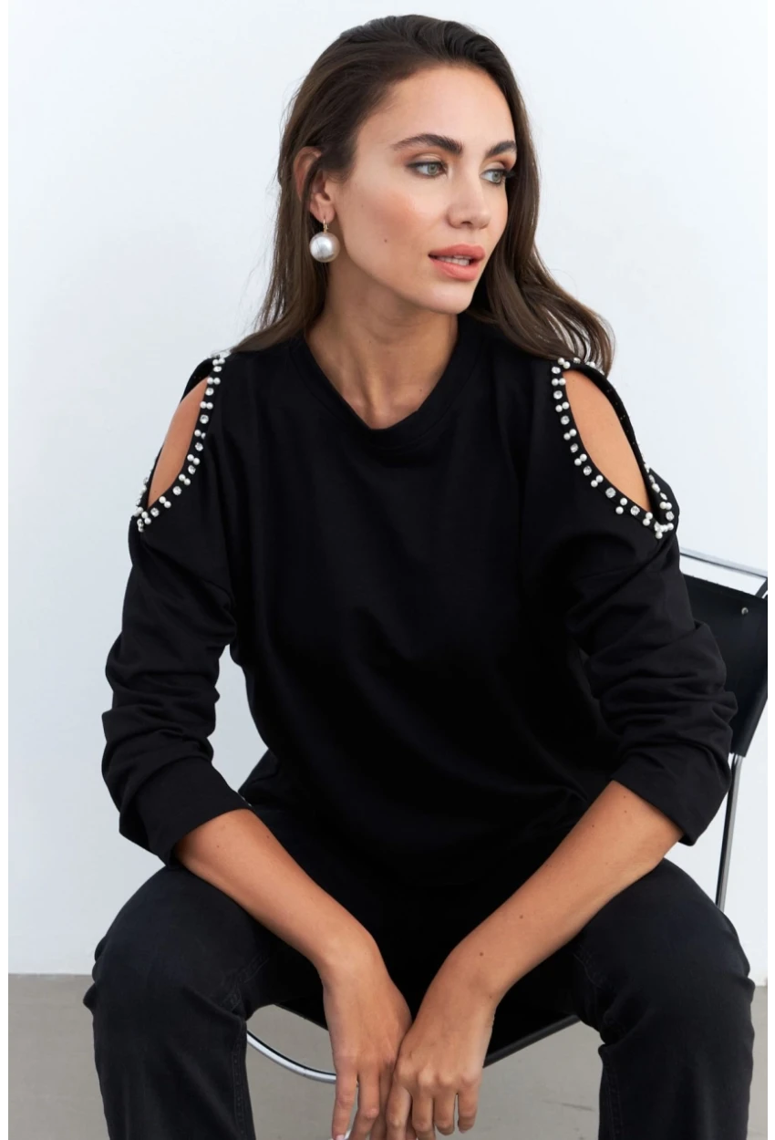 Kadın Siyah İnci Aksesuarlı Sweatshirt RLO85