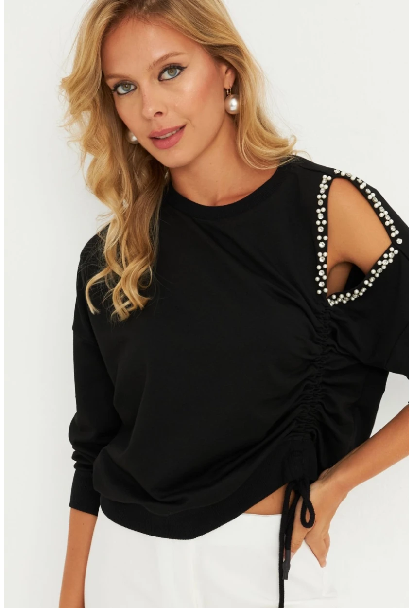 Kadın Siyah İnci Detaylı Büzgülü Sweatshirt RLO04