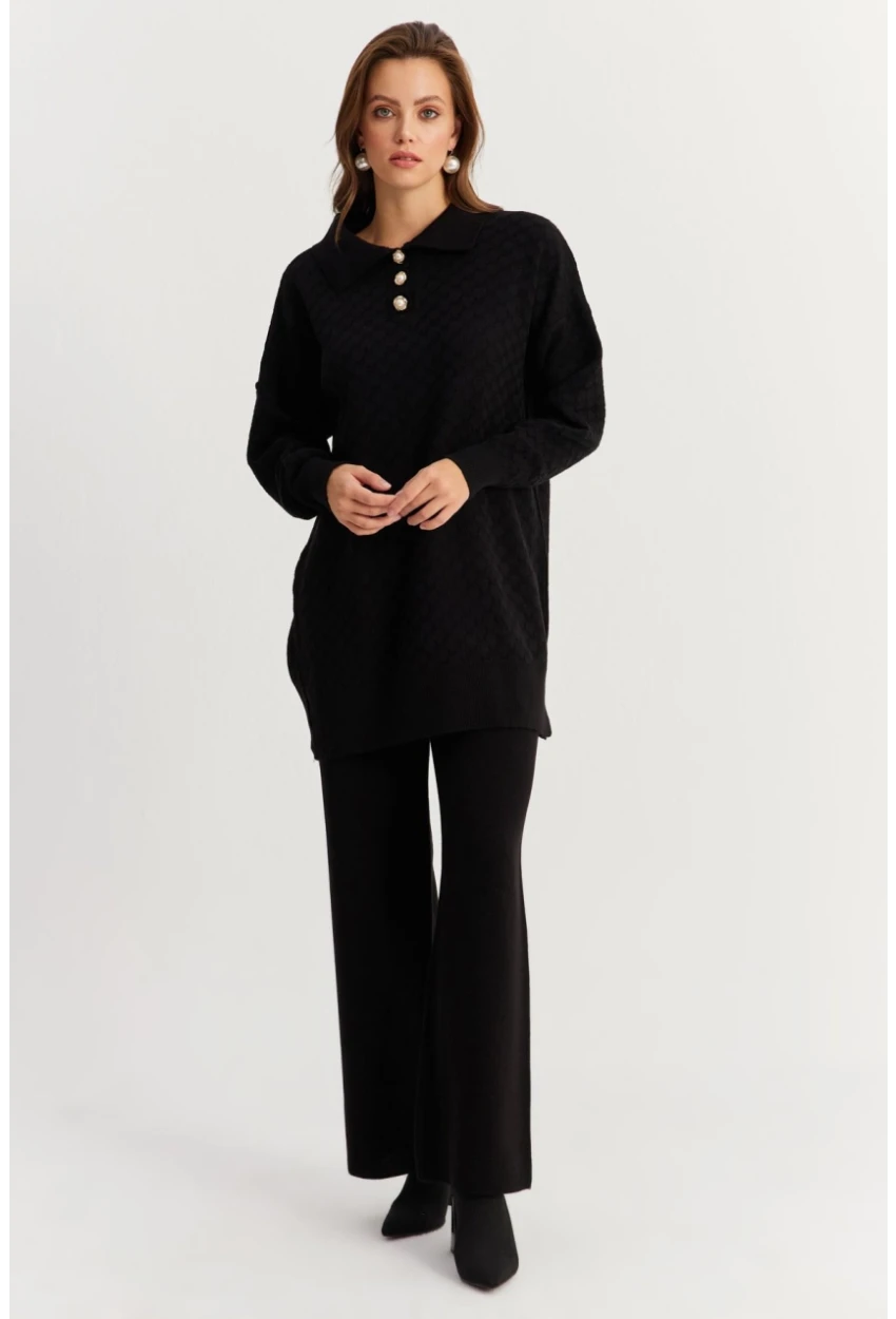 Kadın Siyah İnci Düğmeli Triko Alt Üst Takım NUV33